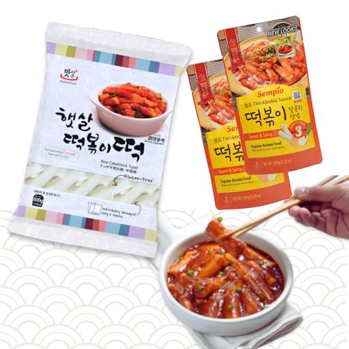 Rice Cake Stick Reiskuchen mit verschiedenen Tteok-bokki/Topokki Soßen aus Südkorea, einfach und schnell zuzubereiten (1x Rice Cake 600g, 2x Topokki Sauce Sweet 150g) von Asian Box