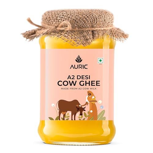 Auric A2 Desi Cow Ghee 1 kg | vedische Bilona-Methode | Traditioneller Quark gebrannt | Laborgeprüft | Organisch hergestellter Danedar Ghee | Grasfutter Sahiwal und Gir Kuh | Glas von Auric