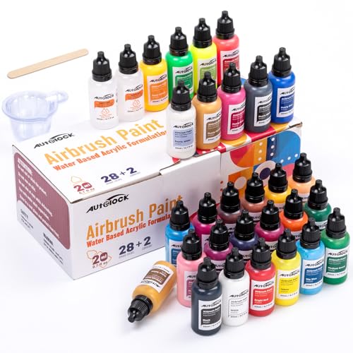 Autolock Airbrush-Farben, 28 Farben, 20ml/0,7fl oz mit 2 Schmiermittel, Airbrush-Farbset, Acrylfarbe auf Wasserbasis für Leinwand, Metall, Kunststoff, Modell und Holz von Autolock