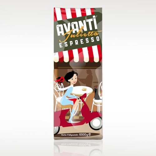 Avanti Espresso Julietta Bohnen, 1er Pack (1 x 1 kg) I Kaffeebohnen Espresso 1kg Kräftig & Säurearm I Feinste Trommelröstung mit Arabica & Robusta Espressobohnen von Avanti