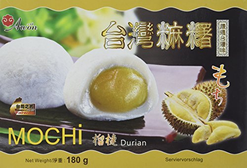 AWON Mochi Durian, kleine Klebreiskuchen, als Nachtisch oder als süßer Snack zwischendurch (4 x 180 g mit 6 Mochis pro Packung) von Awon