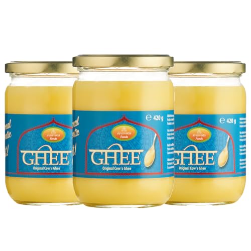 Ayurveda Foods - Premium traditional & authentic Ghee 3er Set à 420g, sehr lange Haltbarkeit, Brat- Kochfett von Ayurveda Foods