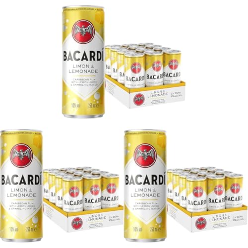 BACARDÍ Limón & Lemonade, Ready-To-Drink Cocktail in der Dose, trinkfertig mit BACARDÍ Limon Rum, Zitrone, Limette, Grapefruit und Limonade 10% Vol., 12 x 250 ml (Packung mit 3) von BACARDI