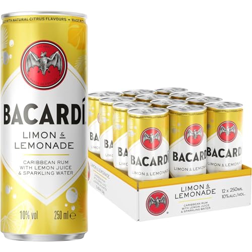 BACARDÍ Limón & Lemonade, Ready-To-Drink Cocktail in der Dose, trinkfertig mit BACARDÍ Limon Rum, Zitrone, Limette, Grapefruit und Limonade 10% Vol., 12 x 250 ml von BACARDI