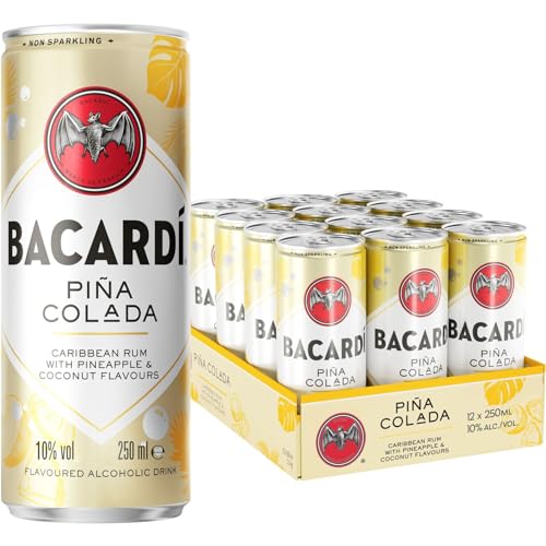 BACARDÍ Piña Colada, Ready-To-Drink Cocktail in der Dose, trinkfertig mit BACARDÍ Carta Blanca Rum, Ananas und Kokosnuss, 10% Vol., 12 x 250 ml von BACARDI