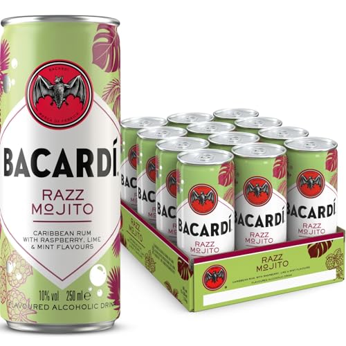 BACARDÍ Razz Mojito, 10% vol., 12 x 25 cl/250 ml, Ready-To-Drink Cocktail in der Dose, trinkfertig mit BACARDÍ Razz Rum, Himbeeren, Minze und Limette von BACARDI