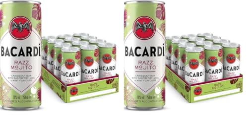 BACARDÍ Razz Mojito, Ready-To-Drink Cocktail in der Dose, trinkfertig mit BACARDÍ Razz Rum, Himbeeren, Minze und Limette, 10% vol., 25 cl/250 ml x 12 (Packung mit 2) von BACARDI