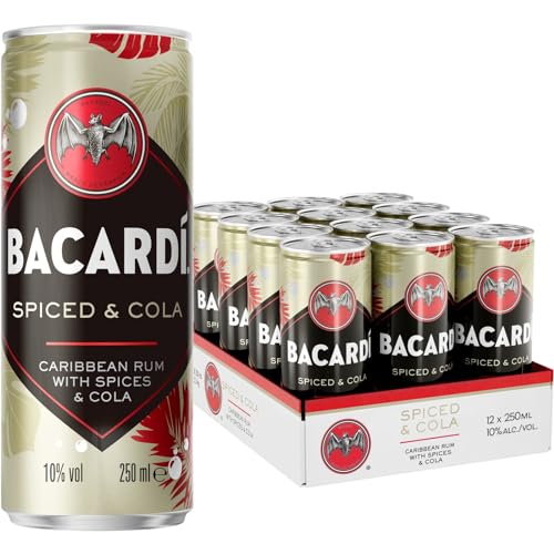 BACARDÍ Spiced & Cola, 10% Vol., 12 x 25 cl/250 ml, Ready-To-Drink Cocktail in der Dose, trinkfertig mit BACARDÍ Spiced Rum, Cola und Gewürzen von BACARDI