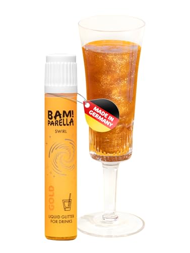 Bam!Parella Flüssiger Essbarer Glitzer für Getränke | 10 Farben wählbar | Weltneuheit 2024 | Geschmacksneutral | Perfekt für deine Party | Glitzer Getränke, Cocktail Glitzer (Gold Swirl) von BAMPARELLA