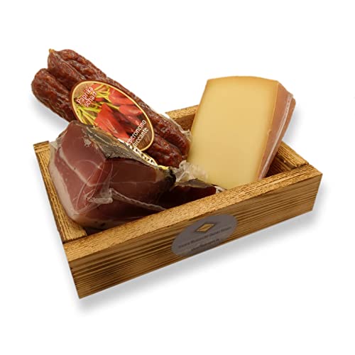 BAVAREGOLA Jausen Set - Geschenkekiste mit 3 Südtiroler Spezialitäten - Präsentkorb gefüllt mit Speck, Käse & Kaminwurzen von Viktor Kofler/Lana - Genuss Geschenk für Männer & Frauen von BAVAREGOLA