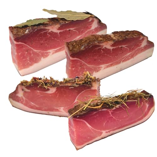 BAVAREGOLA Südtiroler Speck Set - 4 Stücke á 200g - g.g.A. Speck, Heuspeck, Lorber Speck & Bergblumenspeck - Original Südtiroler Speck Spezialität - Schinkenspeck geräuchert & luftgetrocknet von BAVAREGOLA