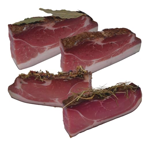 BAVAREGOLA Südtiroler Speck Set - 4 Stücke á 200g - g.g.A. Speck, Heuspeck, Lorber Speck & Bergblumenspeck - Original Südtiroler Speck Spezialität - Schinkenspeck geräuchert & luftgetrocknet von BAVAREGOLA