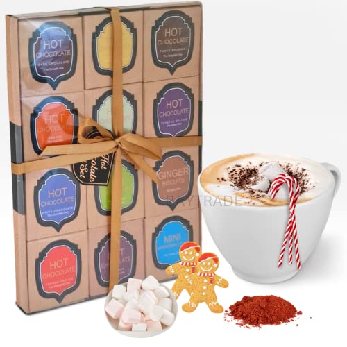 Heiße Schokolade Geschenkset | 12 Tage Weihnachten Kakao Geschmack Luxus Trinken Schokolade Beutel Mini Geschenkboxen Lebkuchenmann Kekse Marshmallows Haus Weihnachtsgeschenke für Paare Frauen Männer Kinder von BAYTRADE