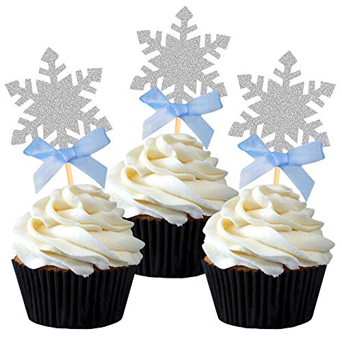 Cupcake-Topper mit Schneeflocken-Motiv, mit Schleife, Kuchendekoration für die Eiskönigin – Völlig unverfrorene Babyparty, Partyzubehör, Schneeflocken-Essen, 24 Stück (blau) von BCHOCKS