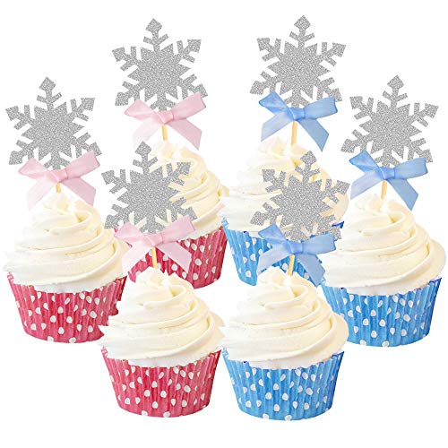 Cupcake-Topper mit Schneeflocken-Motiv, mit Schleife, Kuchendekoration für die Eiskönigin – Völlig unverfrorene Babyparty, Partyzubehör, Schneeflocken-Essen, Set mit 24 Stück (blau und rosa) von BCHOCKS