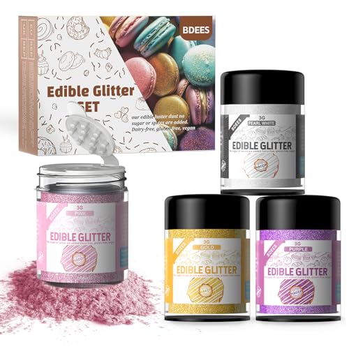 BDEES Essbarer Glitzer – 4 Farben Set für Getränke & Kuchen, Lebensmittelechter Schimmer, Glanzstaub, Glutenfrei, Vegan (3g pro Flasche) von BDEES