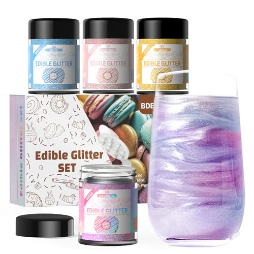 BDEES Essbarer Glitzerstaub, 4 Farben Regenbogen-Set, schillernde Lebensmittelfarbe, 100% koscher, für Getränke, Kuchendeko, Erdbeeren, Cocktails, Fondant und Cake Pops, Glanzstaub (3g pro Flasche) von BDEES