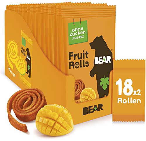 BEAR Fruchtrollen Mango | 100% Natürliche Inhaltsstoffe | Ohne Zusatz von Zucker | Gesunder Snack für Kinder & Erwachsene | 18 Beutel x 20g | 360g, Gelb von BEAR