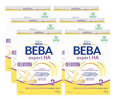 BEBA expert HA 2 Folgemilch nach dem 6. Monat, Babynahrung mit hydrolysiertem Protein, nur Laktose, ohne Palmöl, 6er Pack (6 x 550g) von BEBA