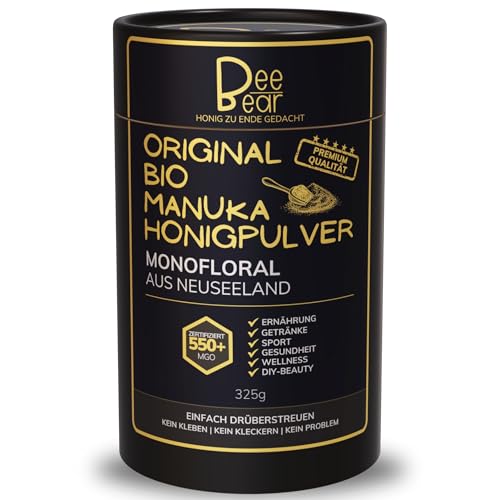 BeeBear - Premium Bio Manuka Honig 550 + MGO aus Neuseeland als Honig Pulver 325g - Honigpulver vielseitig anwendbar 100% natürlich und zertifiziert von BEEBEAR