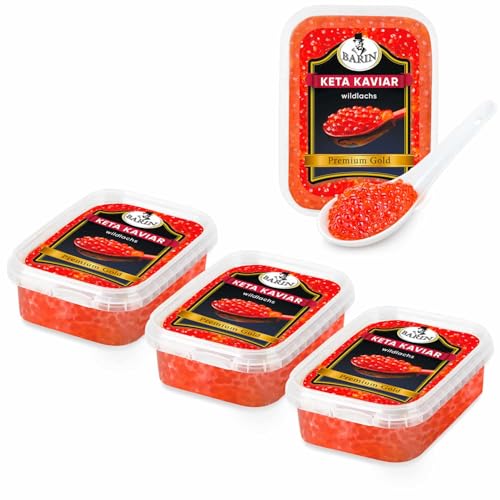 BARIN Kaviar Set 3+1 Premium Gold Keta Lachskaviar 4x250g (1000g) Roter Kaviar Tiefgefroren Wildlachs aus Alaska Rote Fischeier Ohne Konservierungsstoffe Икра Красная Лососевая von BEM