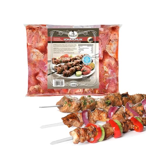 BARIN Schaschlik mariniertes Schweinenacken (1000g pro Packung) Grillspieße aus Deutschland TK vakuumiert gewürzt Schweinefleisch Nacken ohne Geschmacksverstärker für Grill BBQ Gartenparty von BEM