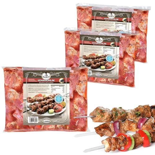 BARIN Schaschlik mariniertes Schweinenacken (3kg, 1000g pro Packung) Grillspieße aus Deutschland TK vakuumiert gewürzt Schweinefleisch Nacken ohne Geschmacksverstärker für Grill BBQ Gartenparty von BEM