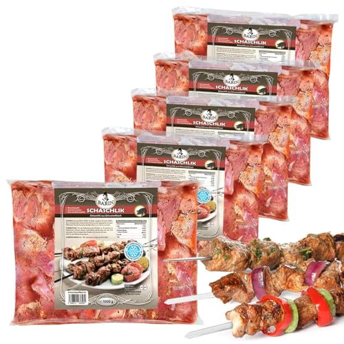 BARIN Schaschlik mariniertes Schweinenacken (5kg, 1000g pro Packung) Grillspieße aus Deutschland TK vakuumiert gewürzt Schweinefleisch Nacken ohne Geschmacksverstärker für Grill BBQ Gartenparty von BEM