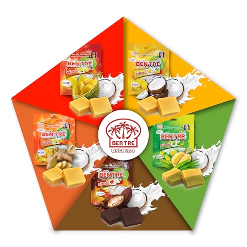 BEN TRE 5 Sorten Kaubonbon - Durian Kokosnuss - Maoam Style Natürlich Intensives Geschmackserlebnis ohne synthetischer Zusatzstoffe Original Rezeptur Anwohner Mekong Delta Vietnam von BEN TRE