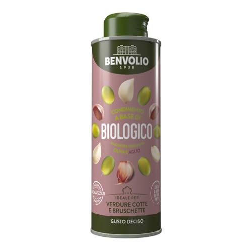 BENVOLIO 1938 Italienisches Bio-Olivenöl extra vergine mit Knoblauchgeschmack 250 ml | für Pizza, Bruschetta – kaltgepresst – reich an Vitamin E – Immunfunktion gegen oxidativen Stress – Knoblauch von BENVOLIO