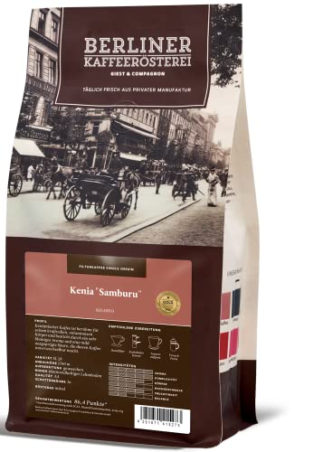 Berliner Kaffeerösterei - Kenia AA+ Samburu (1000g / ganze Bohne), Röstgrad Kaffee: mittel, 100% Arabica Bohnen, Aromaprofil: Fruchtig/Schokoladig/Süß von BERLINER KAFFEERÖSTEREI GIEST & COMPAGNON