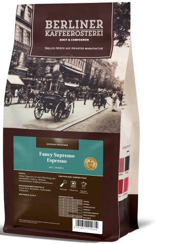 Berliner Kaffeerösterei - Fancy Supremo Espresso (1000g / ganze Bohne), Röstgrad Kaffee: dunkel, 100% Arabica Bohnen, Aromaprofil: Fruchtig/Nussig von BERLINER KAFFEERÖSTEREI GIEST & COMPAGNON