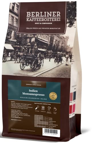 Berliner Kaffeerösterei - Indien Monsunespresso Aspin Wall (1000g / gemahlen), Röstgrad Kaffee: dunkel, 100% Arabica Bohnen, Aromaprofil: Nussig von BERLINER KAFFEERÖSTEREI GIEST & COMPAGNON