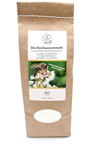 Bio-Buchweizenmehl 500 g, glutenfrei, aus geschälten Buchweizenkörnern aus Oberbayern/Deutschland, vegan, vegetarisch, bestens für Pfannkuchen und Brotbacken geeignet von BIO-Manufaktur ERBER 100% Natur