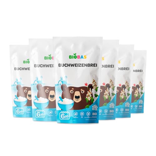 BIOBAS Babybrei 6x200g - Buchweizenbrei Ohne Zuckerzusatz, Ohne Milch und GMO - Bio Babynahrung Ab 4 Monate, Baby Nahrungszubereitung, Gesund & Lecker Brei - Grießfrei, Ideal für Abendbrei Baby von BIOBAS