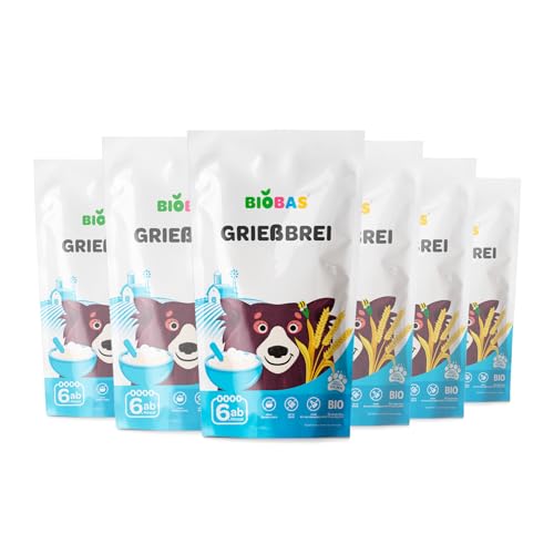 BIOBAS Babybrei 6x200g - Grießbre Ohne Zuckerzusatz, Ohne Milch und GMO - Bio Babynahrung Ab 4 Monate, Baby Nahrungszubereitung, Gesund & Lecker Brei - Grießfrei, Ideal für Abendbrei Baby von BIOBAS