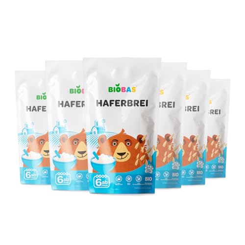 BIOBAS Babybrei 6x200g - Haferbrei Ohne Zuckerzusatz, Ohne Milch und GMO - Bio Babynahrung Ab 4 Monate, Baby Nahrungszubereitung, Gesund & Lecker Brei - Grießfrei, Ideal für Abendbrei Baby von BIOBAS