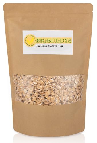 Bio Dinkelflocken 1kg - Ballaststoffreich, aus Bio Dinkel, Vegan, Ideal für Frühstück, Müsli & Backen, eine gute Alternative zu Haferflocken von BIOBUDDYS