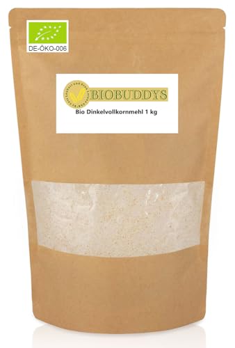 Bio Dinkelvollkornmehl 1kg - 100% Vollkorn, fein gemahlen, aus kontrolliert biologischem Anbau - Ideal für Brot, Gebäck & Pfannkuchen - Vegan, ohne Zusätze von BIOBUDDYS