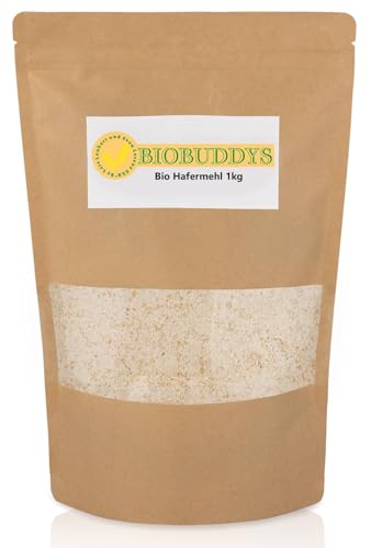 Bio Hafermehl 1kg - reines Vollkornmehl aus kontrolliert biologisch angebautem Hafer - Glutenfrei - Ideal für Backen, Müsli, Smoothie & glutenfreie Rezepte - Vegan von BIOBUDDYS