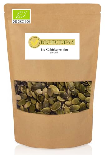 Bio Kürbiskerne 1kg geschält - Der leckere Snack für jede Gelegenheit - roh, unbehandelt, Bio-Qualität, Vegan, Ideal für Snacks, Backen & Salate von BIOBUDDYS