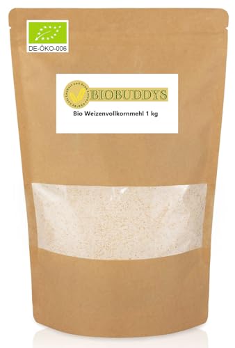 Bio Weizenvollkornmehl 1kg - Fein gemahlenes, 100% reines Vollkornmehl aus kontrolliert biologischem Anbau, ideal für Brot, Kuchen & Gebäck - Vegan, ohne Zusatzstoffe von BIOBUDDYS