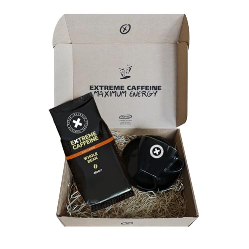 Black Insomnia Kaffee-Geschenk I Geschenkbox mit ganzen Bohnen, Cappuccino-Tasse und Untertasse I 100% natürlich I säurearme, dunkle Röstung, 453g von BLACK INSOMNIA COFFEE