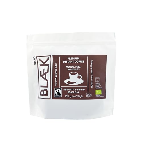 BLÆK Specialty Bio Instant Kaffee Nø.3 | Blaek Espresso Organic Dark Blend löslich: 150g Bag Coffee | Arabica Hochland Kaffeebohne ökologisch Kakao + Datteln | Hotel Camping Reise Büro Outdoor von BLÆK