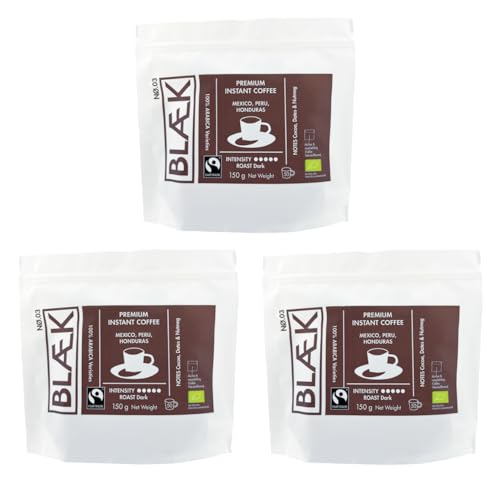 BLÆK Specialty Bio Instant Kaffee Nø.3 | Blaek Espresso Organic Dark Blend löslich: 3er Set 150g Bag Coffee | Arabica Hochland Kaffeebohne ökologisch Kakao | Hotel Camping Reise Büro Outdoor von BLÆK