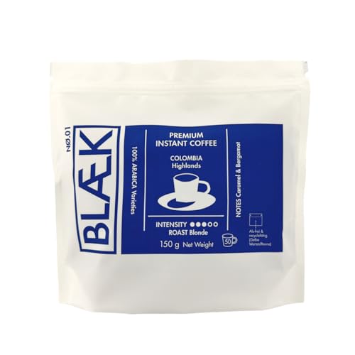 BLÆK Specialty Instant Kaffee Nø.1 Blonde Roast | Blaek Premium Coffee 150g Bag Kolumbien: To Go löslich, säurearm & mild Arabica Hochland Kaffeebohnen Colombia | Home Camping Reise Büro von BLÆK