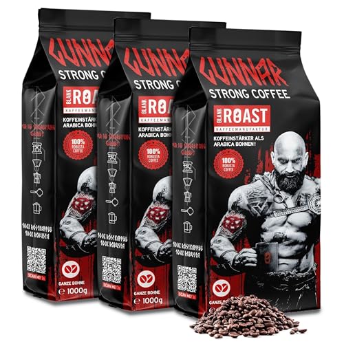 Blank Roast - GUNNAR - 1kg (3er Pack) - Ganze Kaffee-Bohnen Extra Stark - Kräftige Robusta-Röstung - 494mg Koffein je Tasse - Würzig & Kraftvoll mit Noten von dunkler Schokolade - Säurearm von BLANK ROAST