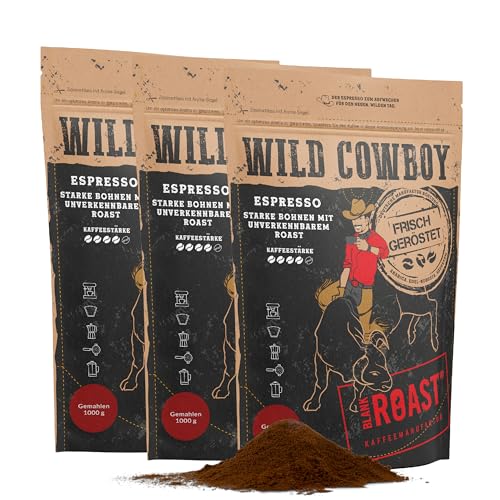 Blank Roast - Wild Cowboy Espresso - gemahlen 1kg (3er Pack) - mit Hickoryholz geröstet - Arabica & Edel Robusta - Blend aus Brasilien & Uganda - mit schokoladigen Nuancen - säurearm von BLANK ROAST