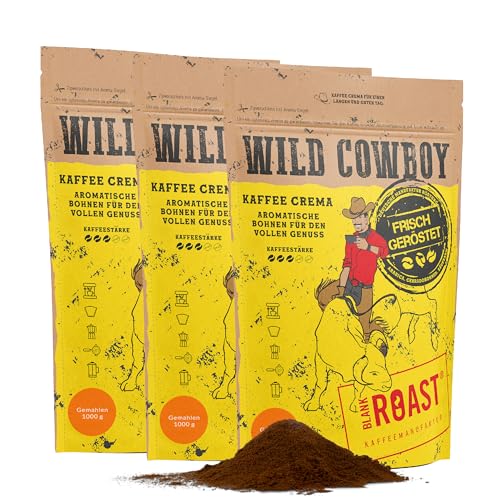 Blank Roast - Wild Cowboy Kaffee - gemahlen 1kg (3er Pack) - mit Hickoryholz geröstet - Ganze Kaffeebohnen aus Brasilien & Uganda - 100% Arabica-Blend mit schokoladigen Nuancen - säurearm von BLANK ROAST