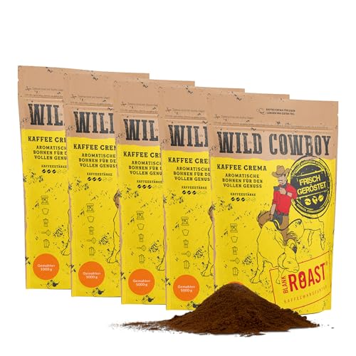 Blank Roast - Wild Cowboy Kaffee - gemahlen für Filter - 1kg (5er Pack) - mit Hickoryholz geröstet - Kaffee gemahlen aus Brasilien & Uganda - 100% Arabica-Blend mit schokoladigen Nuancen - säurearm von BLANK ROAST